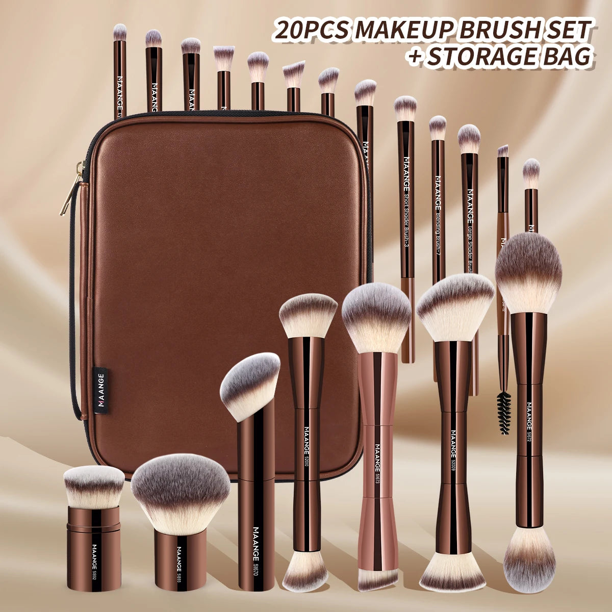 MAANGE Pro 20-Pc Makeup Brush Kit with Storage Bag Makeup Brush Set QXL Coffee Brown