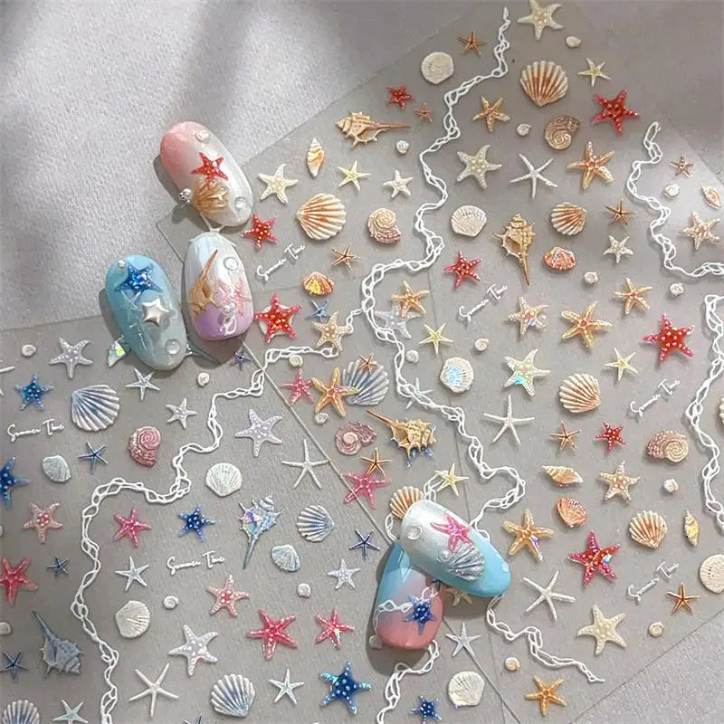 5D Embossed Seashell & Starfish Nail Stickers | Summer Decals Nail Art Stickers QXL