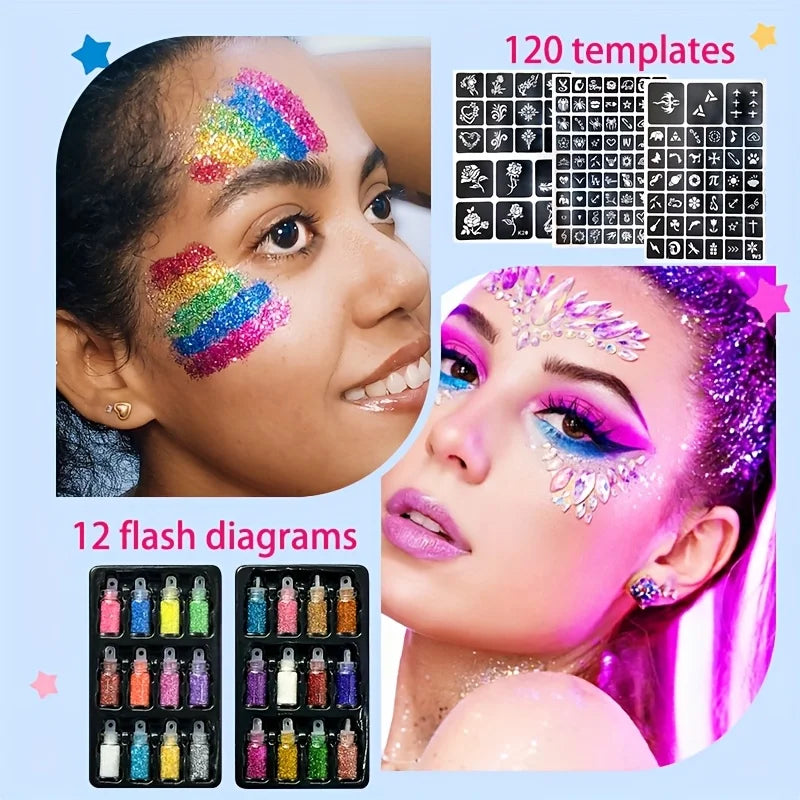 12-Color Temporary Tattoo Glitter Kit | Glue, Brushes & Stencils Body Glitter Kit QXL