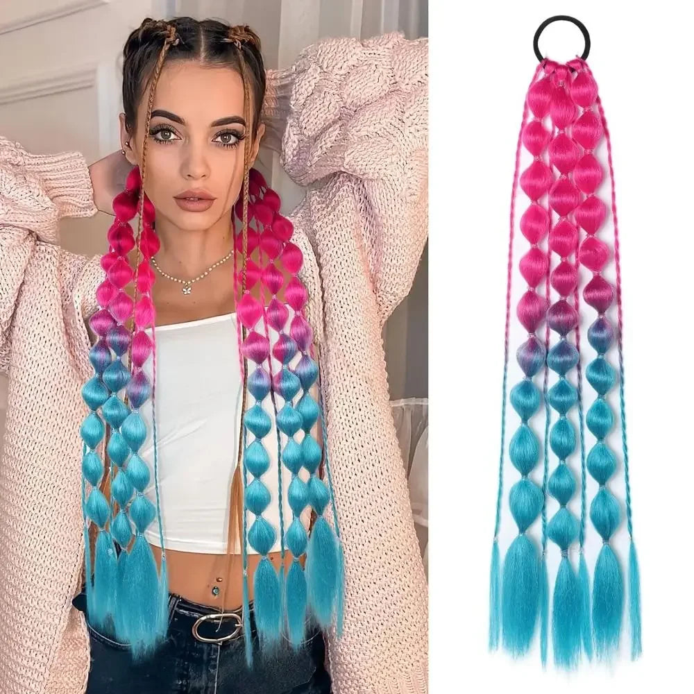 Braided Bubble Ponytail Hair Extension | Colorful 20" Ombre Ponytail Hair Extension QXL