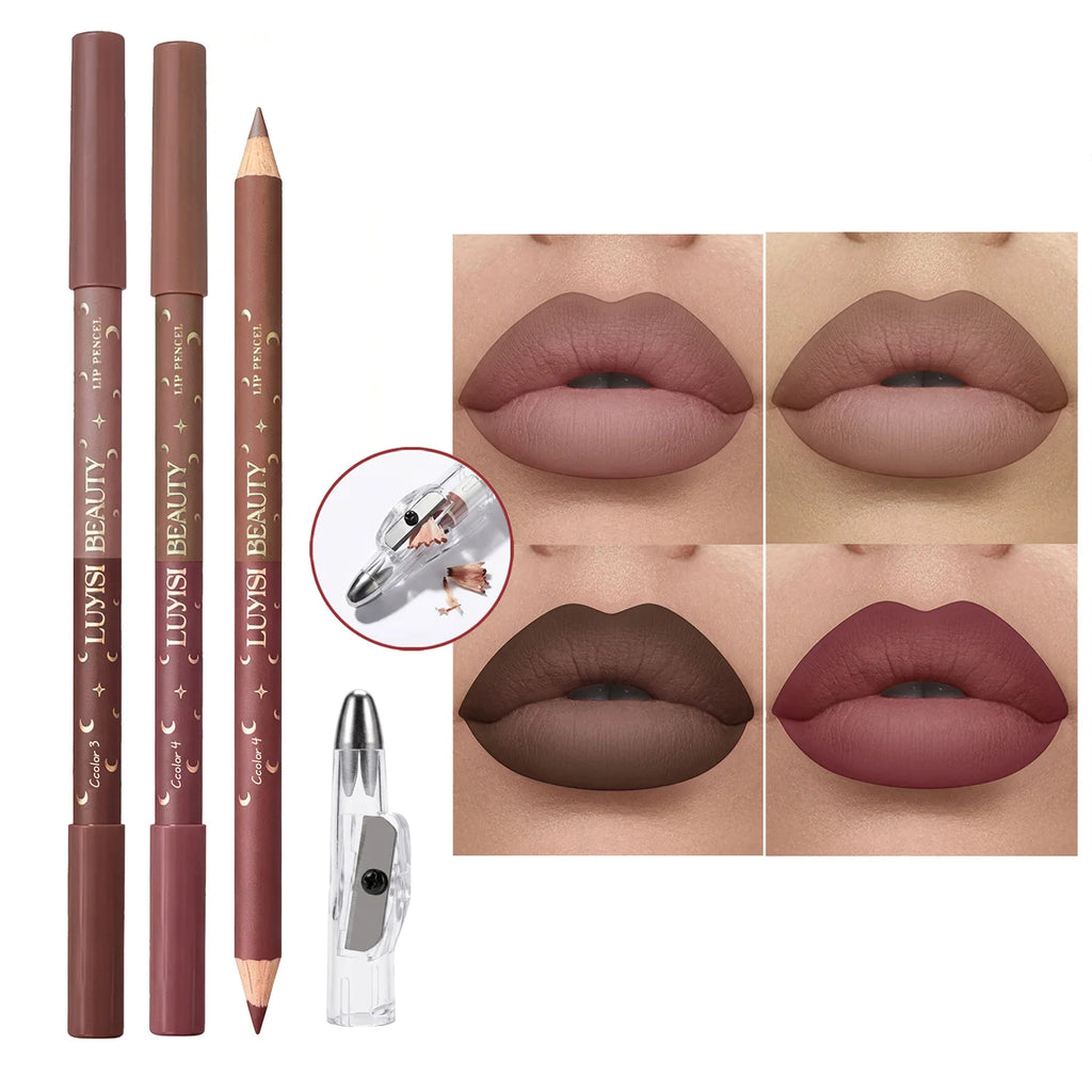 3-Pack Velvet Matte Lip Liners + Sharpener | Waterproof Lip Liner Set QXL