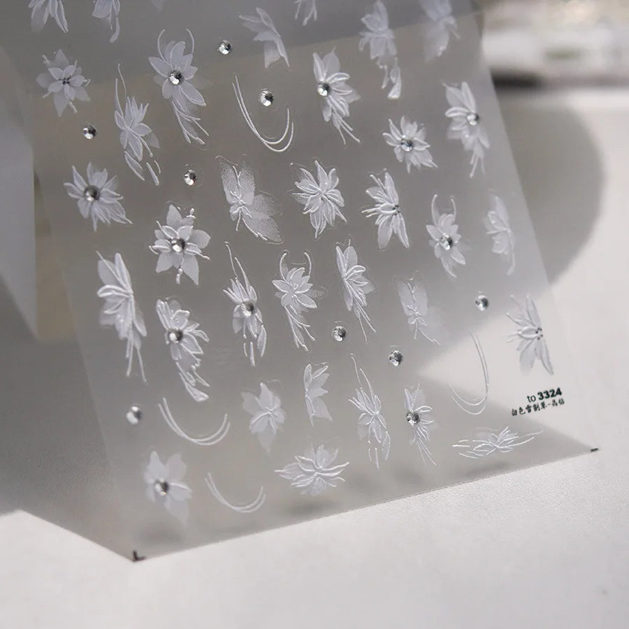 5D Crystal Diamond White Flower Nail Stickers | Japanese Vintage Nail Art Stickers QXL