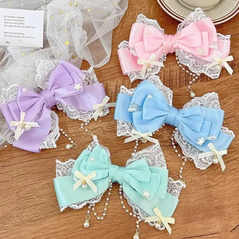 Lolita Pink Bow Hair Clip | Lace Pearl Princess Headpiece Lolita Hair Clip QXL