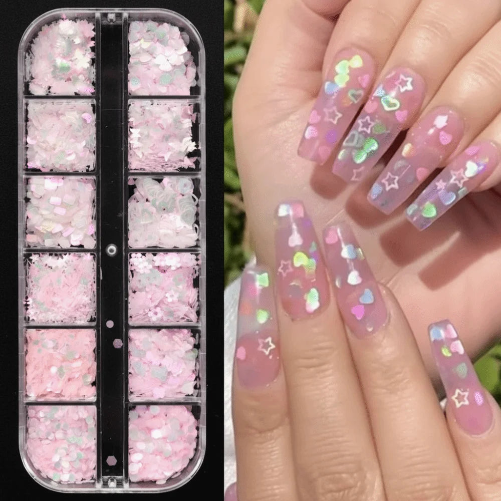 Pink Aurora Glitter Nail Sequins – Mixed Shapes Box Nail Art Sequins QXL