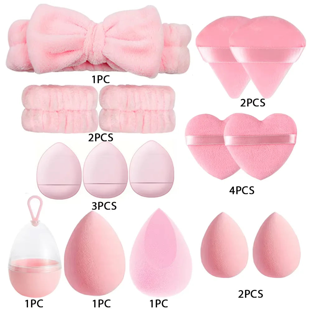 17-Pc Makeup Sponge Blender Set | Powder Puff & Headbands Makeup Sponge Set QXL Pink