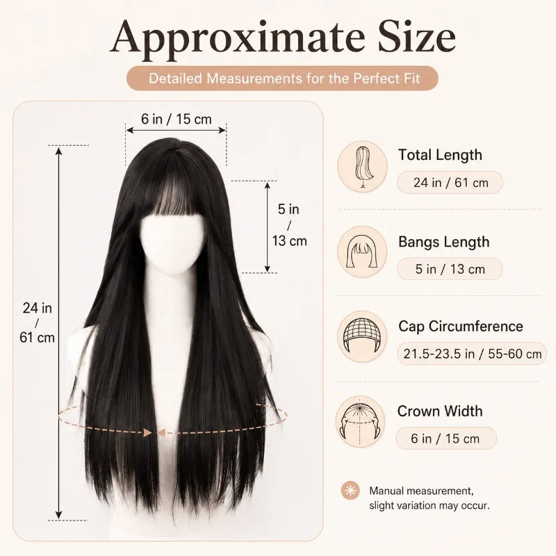 Long Straight Black Wig – Air Bangs & S-Shape Parting Synthetic Hair Wig QXL
