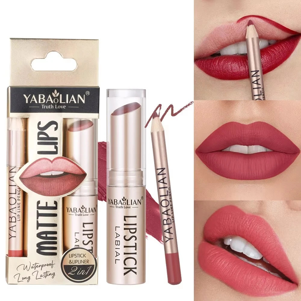 2-in-1 Matte Lipstick & Lip Liner Set | Waterproof High Pigment Lip Makeup Set QXL