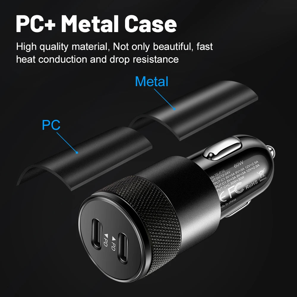 60W Dual USB-C Car Charger PD 3.0 Fast Charging Adapter Car Charger Adapter QXL