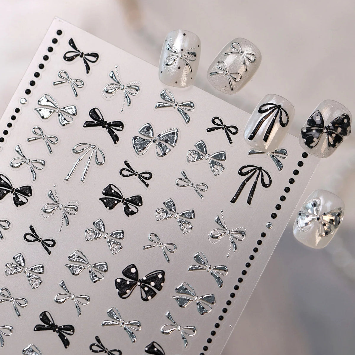 5D Bow Nail Stickers Y2K Polka Dot Silver Embossed Decals Nail Art Stickers QXL