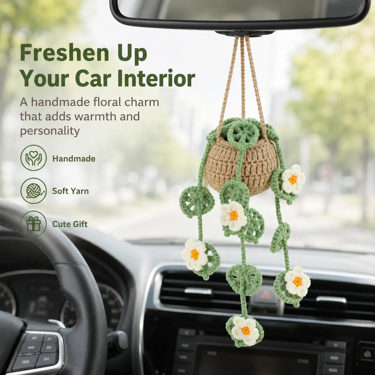 Handmade Crochet Car Hanging Plant Ornament | Boho Decor Car Hanging Ornament QXL
