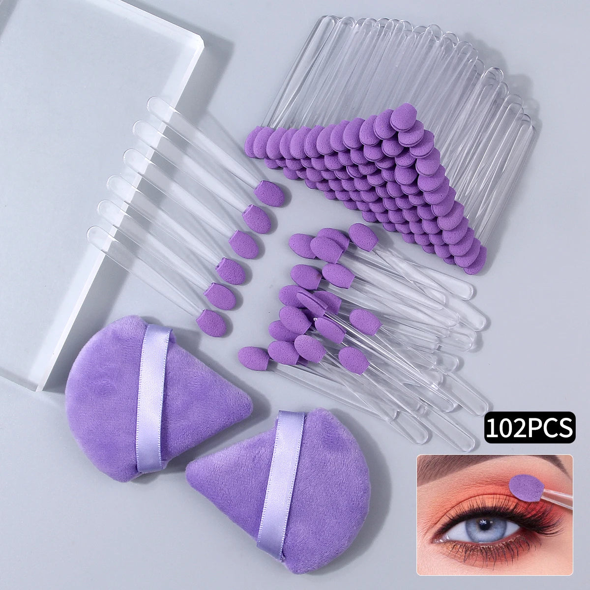 102-Pc Disposable Eyeshadow Sponge Sticks & Powder Puffs Set Makeup Applicator Set QXL PURPLE
