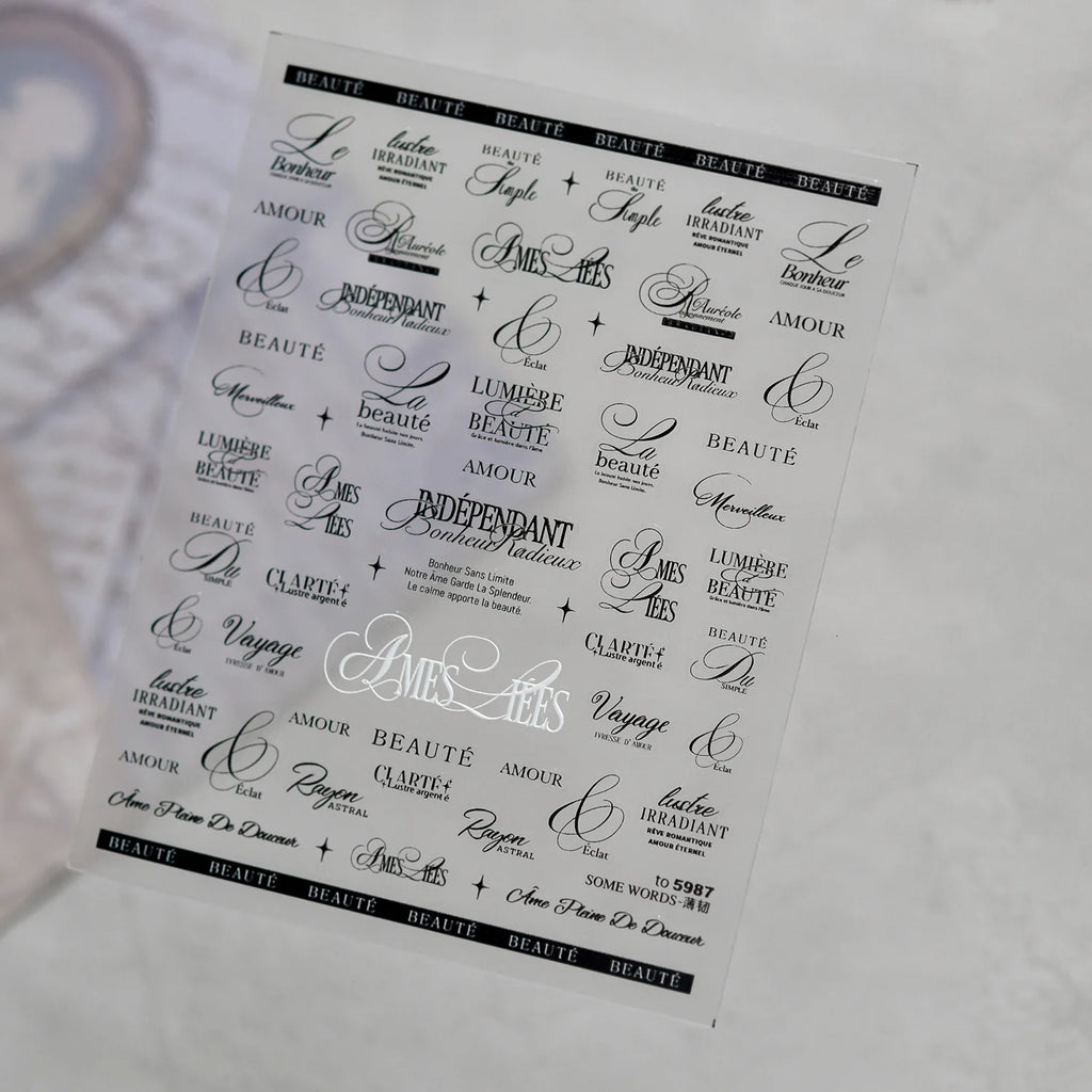 5D French Words Nail Stickers | Black & White Self-Adhesive Decals Nail Art Stickers QXL