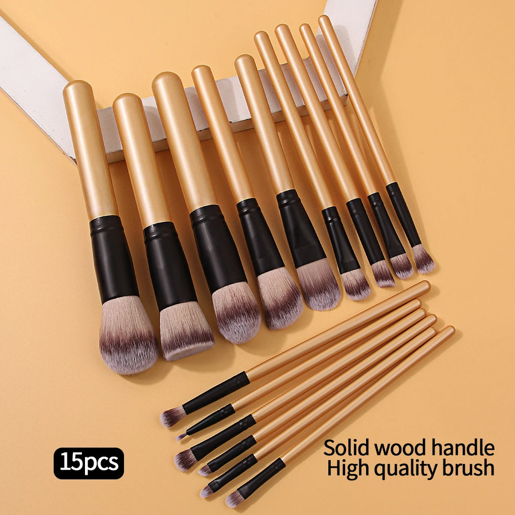 KOSSHOW 15-Piece Makeup Brush Set | Wooden Handle Brushes Makeup Brush Set QXL