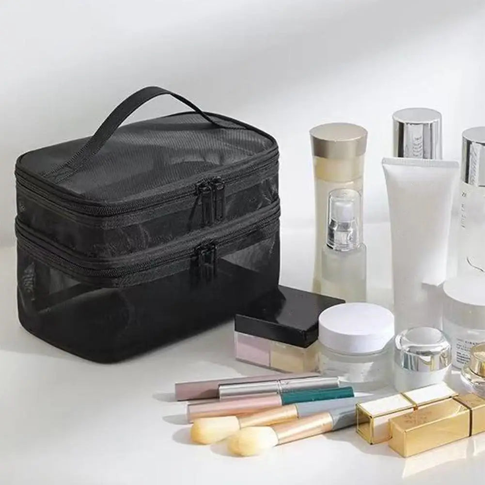 2-Layer Mesh Travel Cosmetic Organizer Bag | Foldable Makeup Pouch Travel Cosmetic Bag QXL