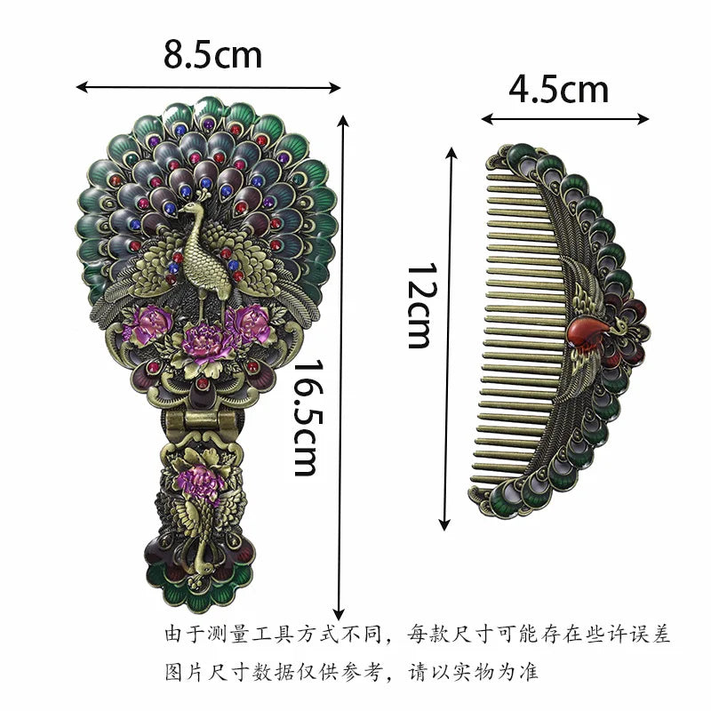 Peacock Folding Hand Mirror & Comb Set | Retro Metal Gift Box Folding Vanity Mirror Set QXL
