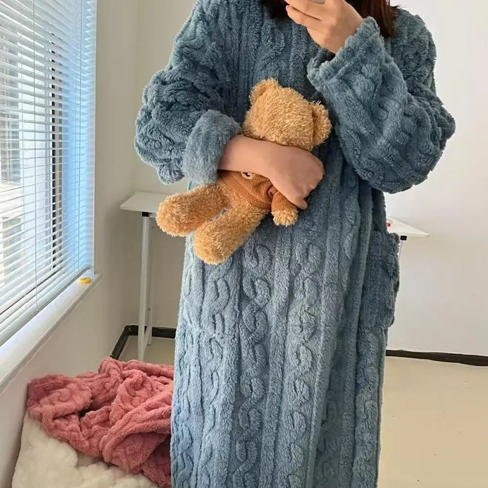 Women's Coral Fleece Nightgown | Long Sleeve Flannel Sleepwear Fleece Nightgown QXL