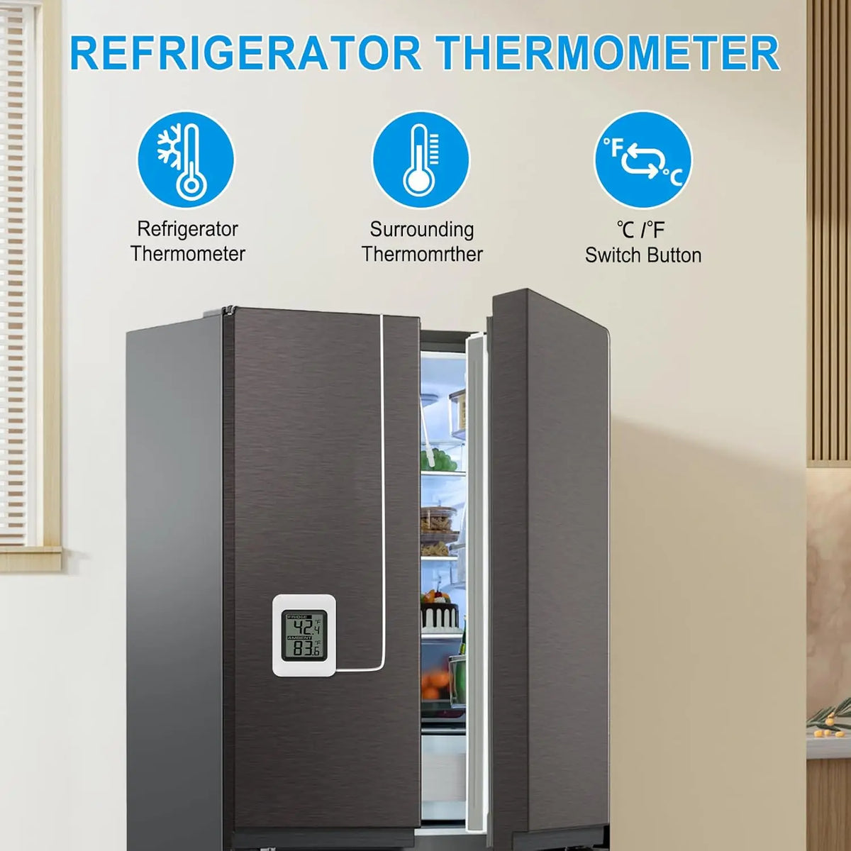 Digital Wired Refrigerator Thermometer | Large LCD Magnetic Digital Thermometer QXL