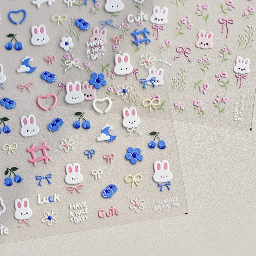 5D Kawaii Rabbit Nail Stickers | Embossed Cartoon Nail Art Decals Nail Art Stickers QXL