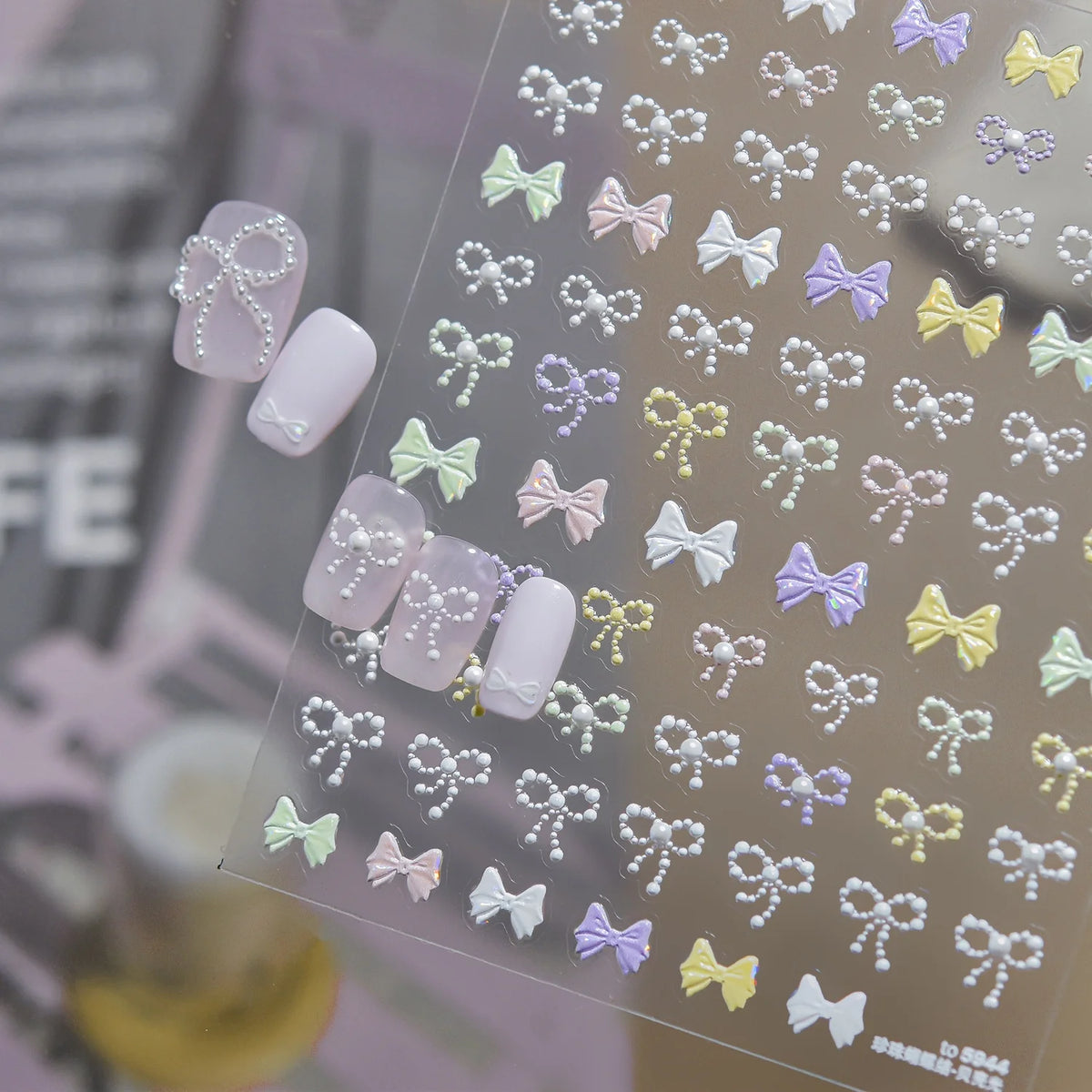 Macaron Bow 5D Nail Stickers | Pearl & Chain Decals Nail Art Stickers QXL