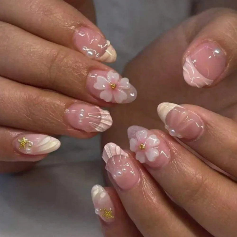 24-Pc 3D Pearl Flower Press-On Nails | Full Cover Gel Tips Press-On Nail Tips QXL Style E