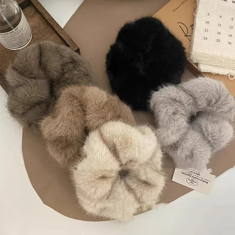 Plush Faux Fur Scrunchies | Women's Fluffy Hair Bands Plush Hair Scrunchie QXL