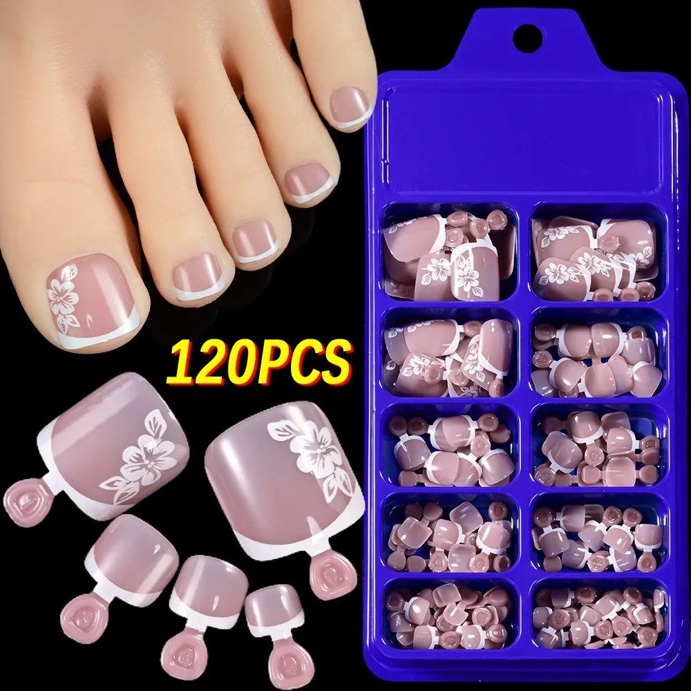 120-Pc Nude Pink Butterfly Press-On Toe Nails | Short Square Press-On Toe Nails QXL Flower