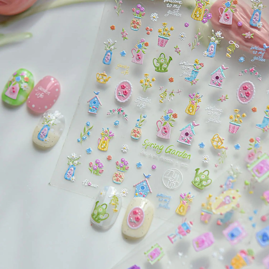 5D Spring Garden Nail Stickers | Floral Self-Adhesive Decals Nail Art Stickers QXL