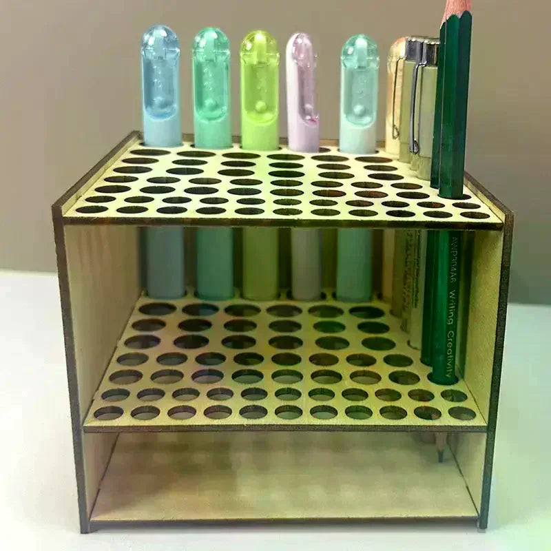 67-Slot Double-Layer Wooden Brush & Pencil Desk Organizer Wooden Brush Holder QXL