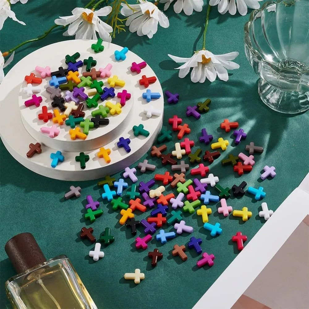 120-Pc Acrylic Cross Beads | 24 Colors DIY Jewelry Making Craft Beads Set QXL