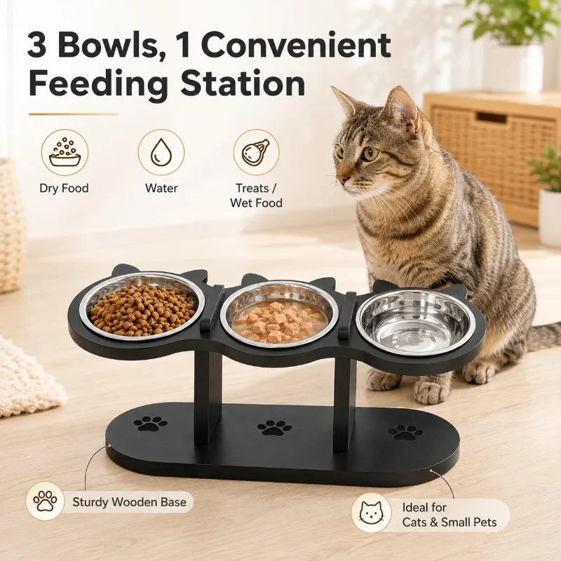 3-Bowl Elevated Cat Feeder | Wooden Stand & Steel Bowls Elevated Pet Feeder QXL