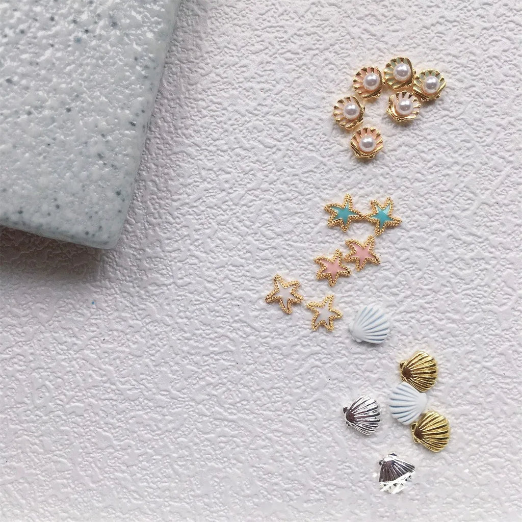 10-Pc 3D Alloy Nail Charms | Starfish Pearl Shell Kawaii Nail Art Charms QXL