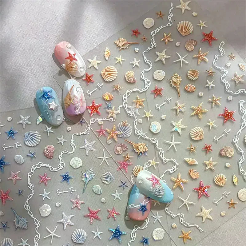 5D Summer Seashell Nail Stickers | Embossed Starfish Decals Nail Art Stickers QXL