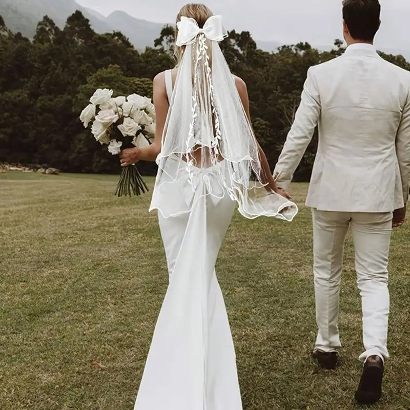 Two-Layer Tulle Wedding Veil | Bow & Lace Edge Bridal Veil Bridal Veil QXL
