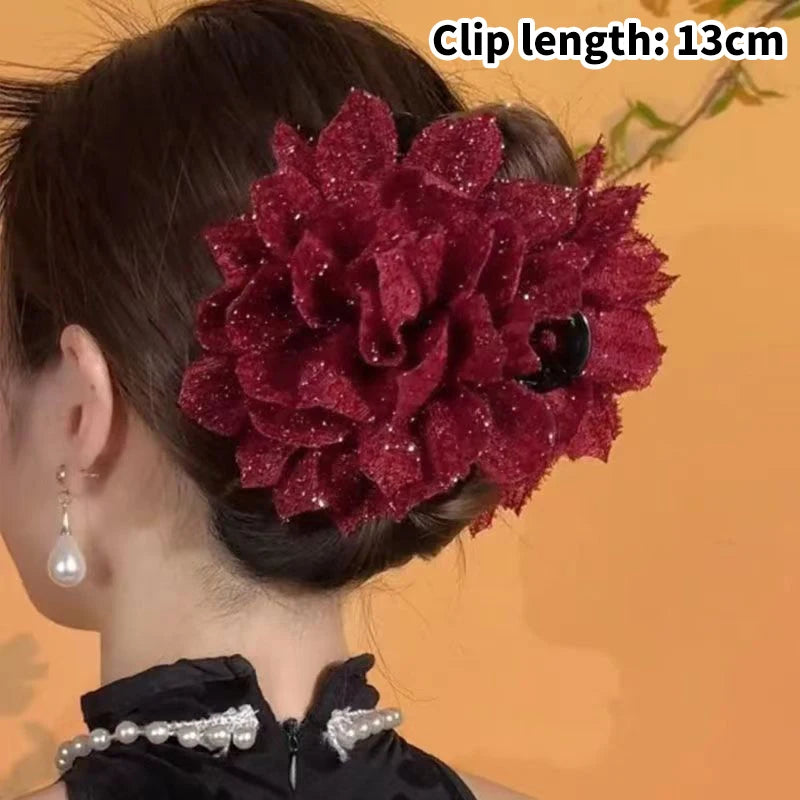 Black Mesh Flower Shark Claw Clip | Floral Hair Claw Women Shark Claw Hair Clip QXL 13CM Wine red