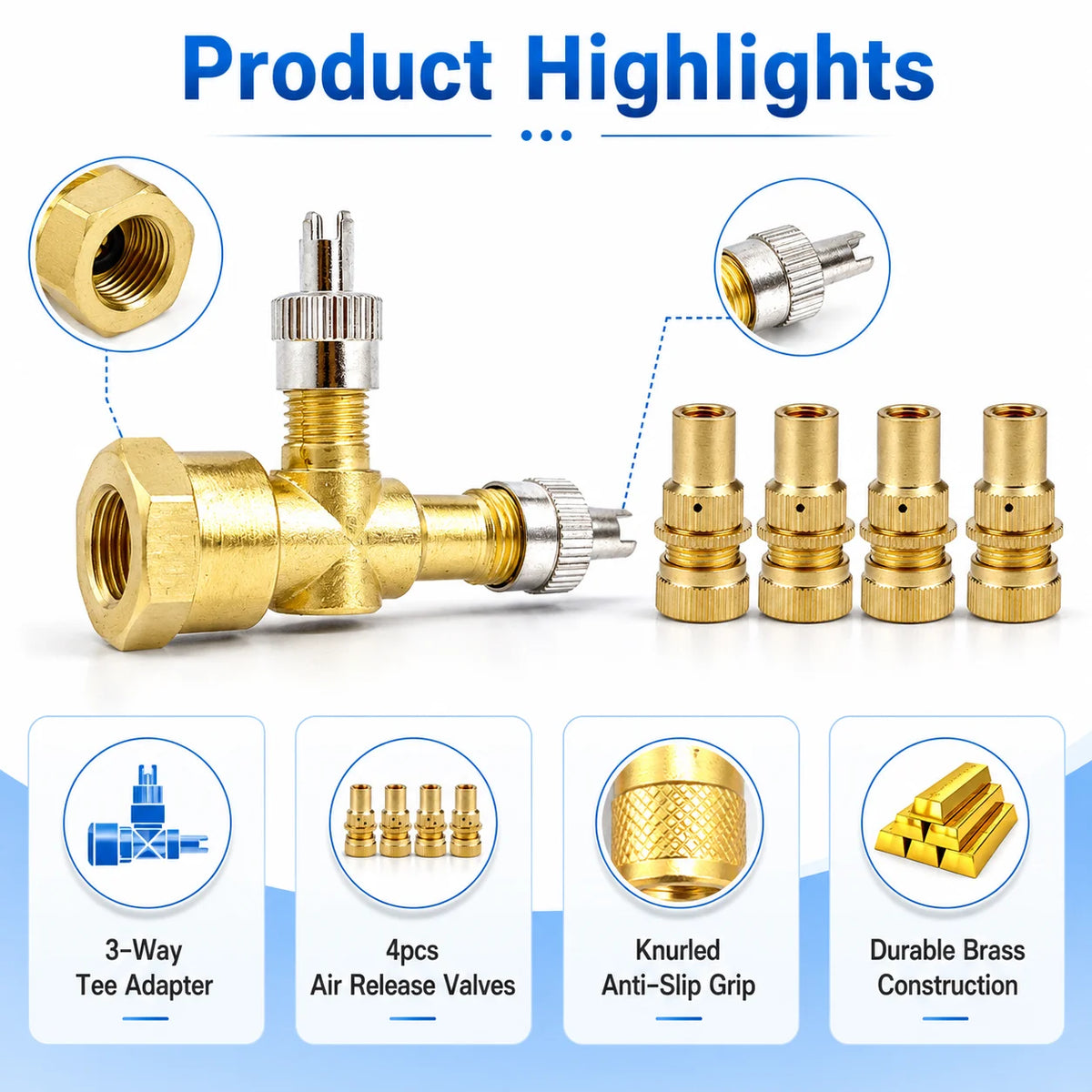 TPMS Valve Tee Adapter 3-Way Kit + 4 Air Release Valves Tire Valve Adapter Kit QXL