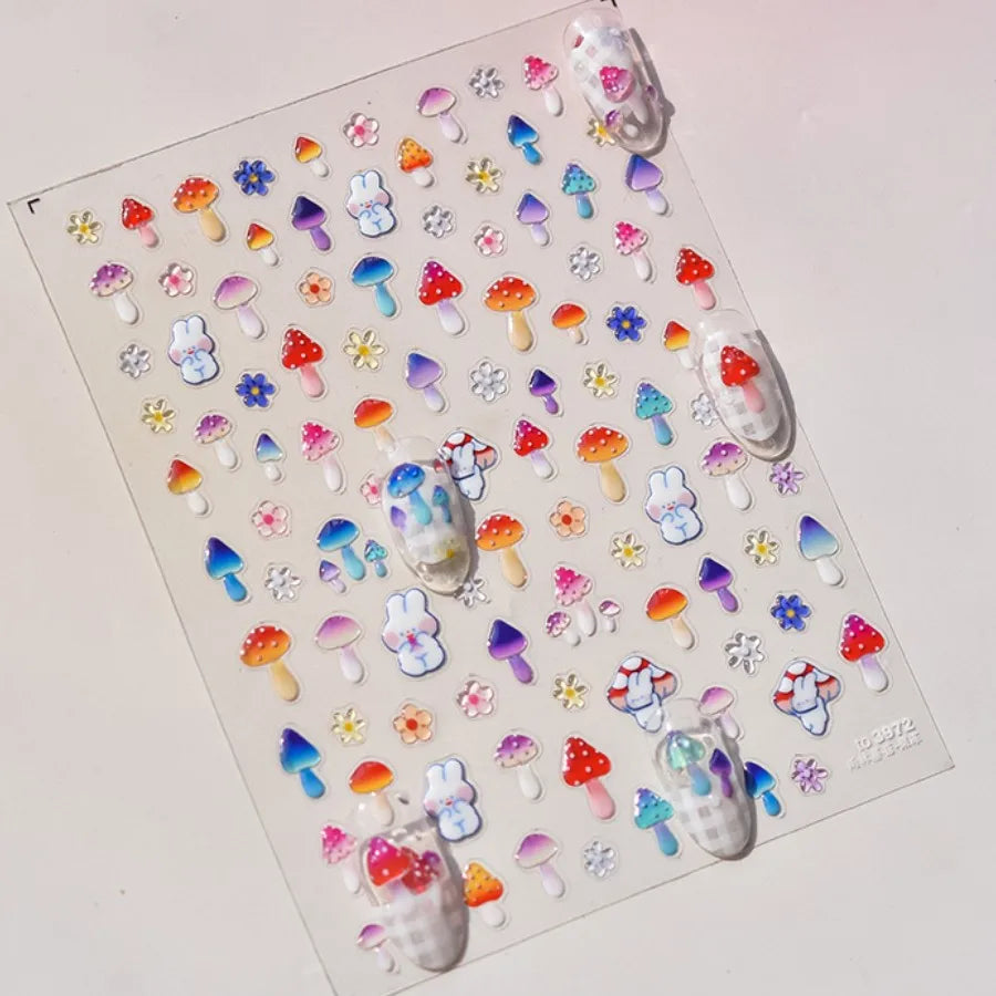 5D Kawaii Nail Stickers – Cartoon Mushroom & Rabbit Decals Nail Art Stickers QXL