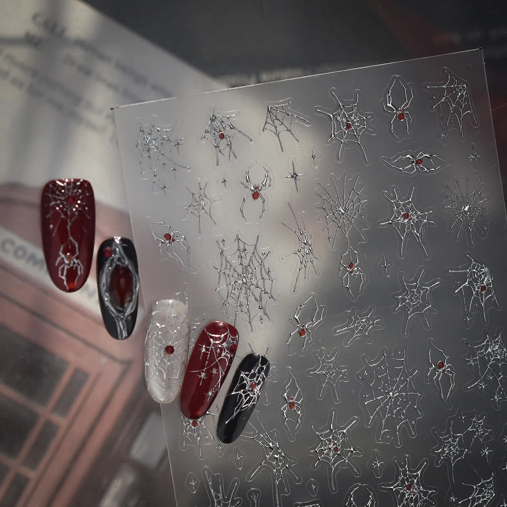 Gothic Spider Cobweb 5D Nail Stickers | Punk Rhinestone Decals Nail Art Stickers QXL