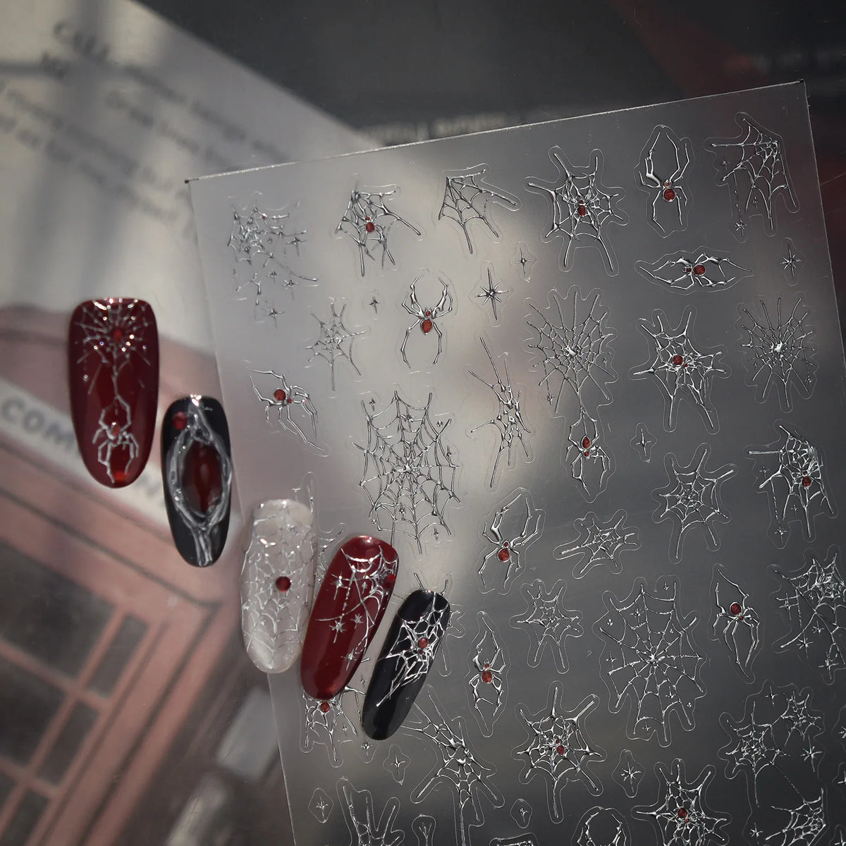 Gothic Spider Cobweb 5D Nail Stickers | Punk Rhinestone Decals Nail Art Stickers QXL