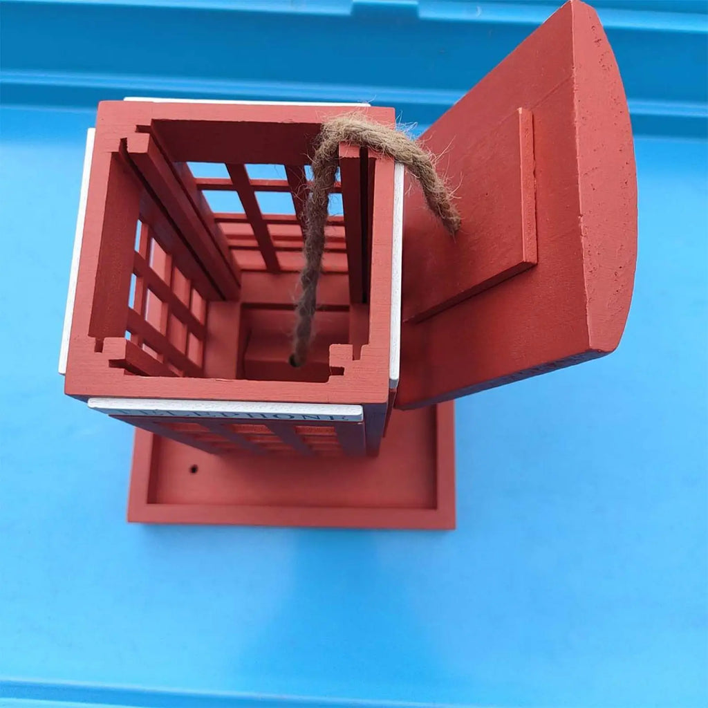 Red Telephone Box Wooden Bird Feeder | Hangable Garden Décor Decorative Bird Feeder QXL