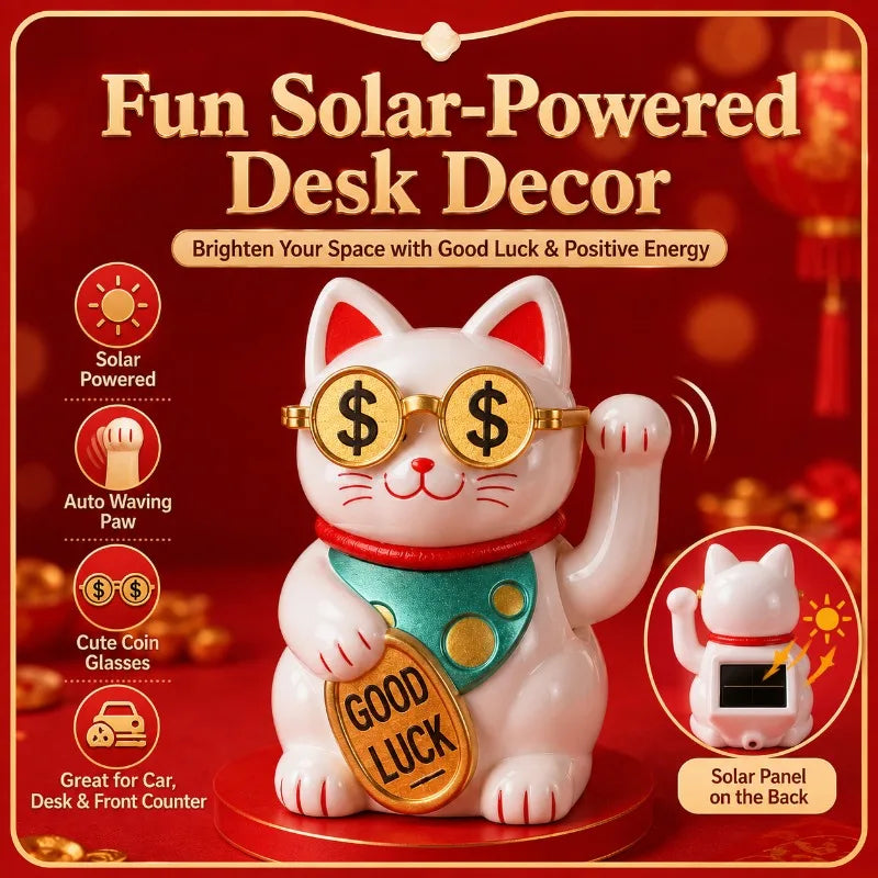 Solar Waving Lucky Cat | Maneki Neko Car & Desk Decor Decorative Figurine QXL