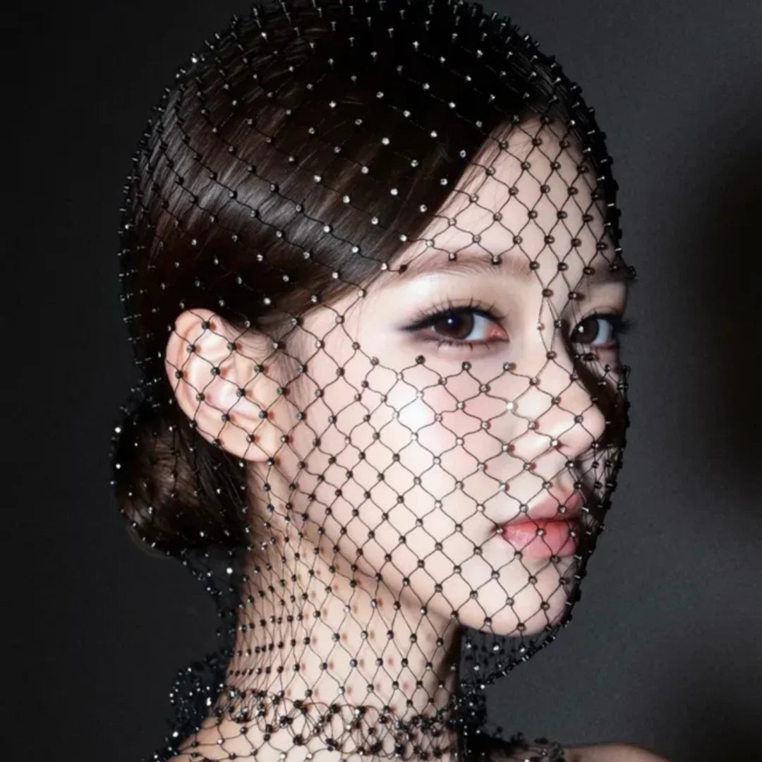 Rhinestone Fishnet Balaclava | Crystal Mesh Head Wrap Rhinestone Head Wrap QXL BLACK 1PCS