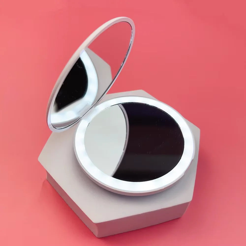 Pocket LED Makeup Mirror | Portable 2X Magnifying Compact Lighted Makeup Mirror QXL WHITE