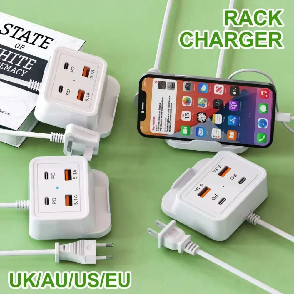 5.1A USB-C 4-Port Fast Charger Power Strip with Phone Stand USB-C Multi-Port Charger QXL