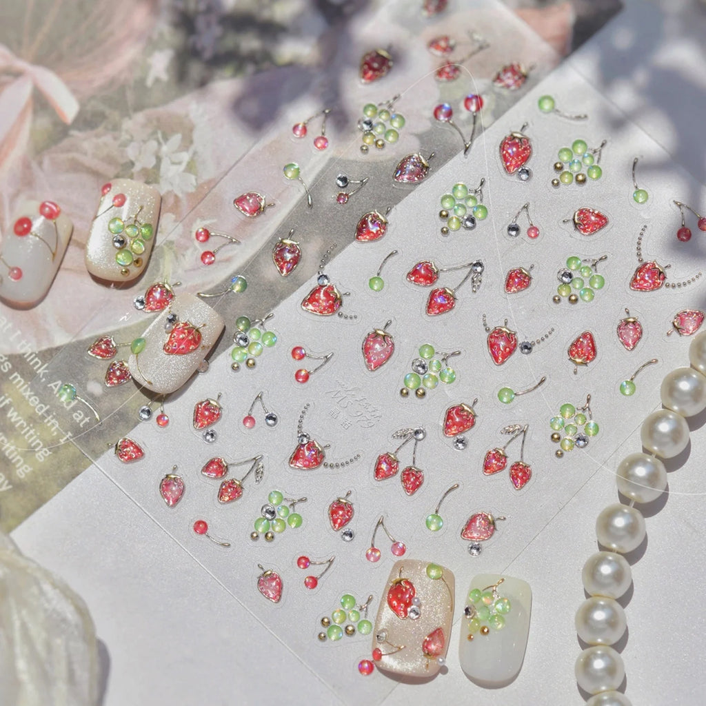 5D Embossed Fruit Nail Stickers | Rhinestone Decals – Strawberry Nail Art Stickers QXL