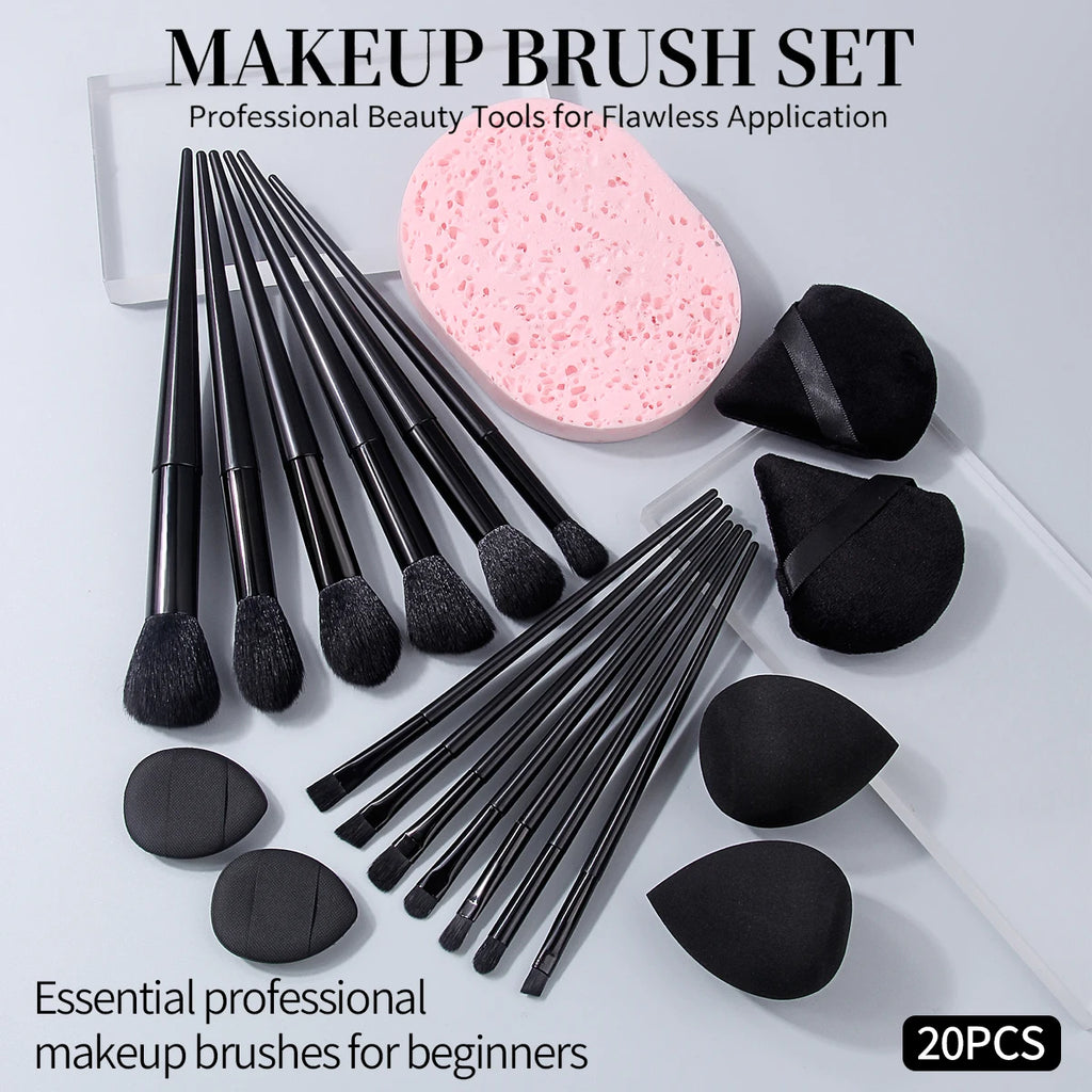 KOSSHOW 20-Pc Black Makeup Brush Set with Sponges & Puffs Makeup Brush Set QXL