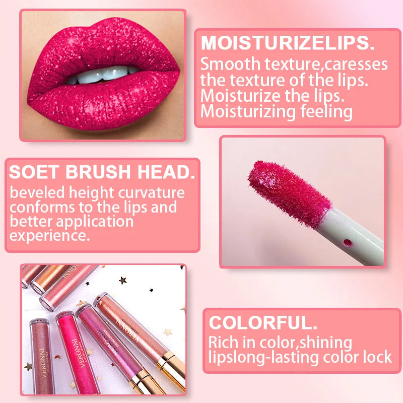 VERONNI Diamond Glitter Lip Gloss – 10 Shades | Shimmer Glitter Lip Gloss QXL
