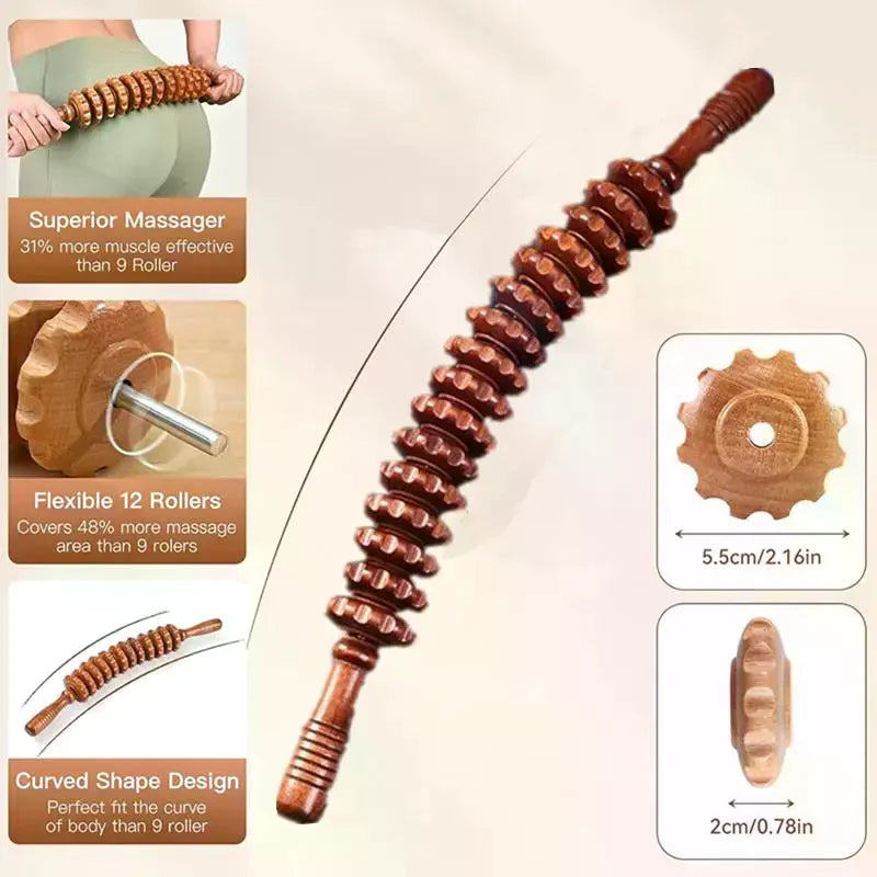 16-Roller Wooden Fascia Massage Roller | Back, Legs & Arms Body Massage Roller QXL