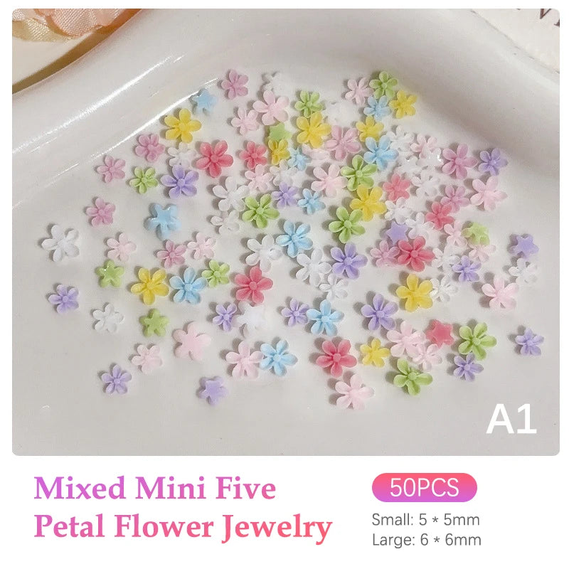 50-Pc Colorful 5-Petal Flower Nail Art Charms | 3D Resin Mix Nail Art Charms QXL A1