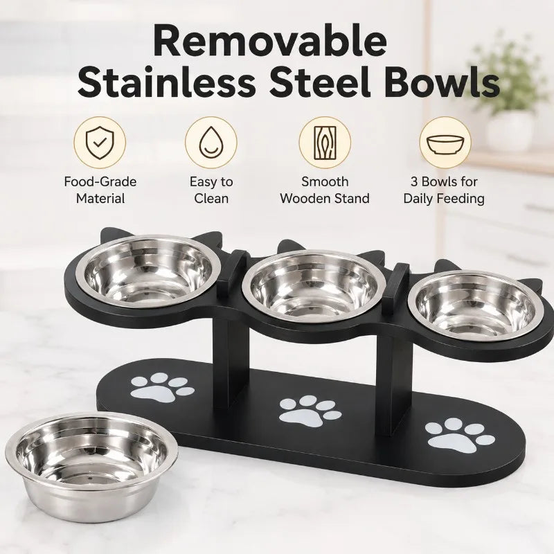 3-Bowl Elevated Cat Feeder | Wooden Stand & Steel Bowls Elevated Pet Feeder QXL