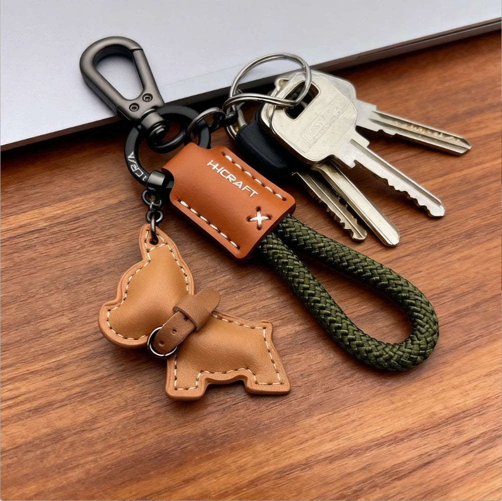 French Bulldog Genuine Leather Keychain with Braided Rope Novelty Keychain QXL